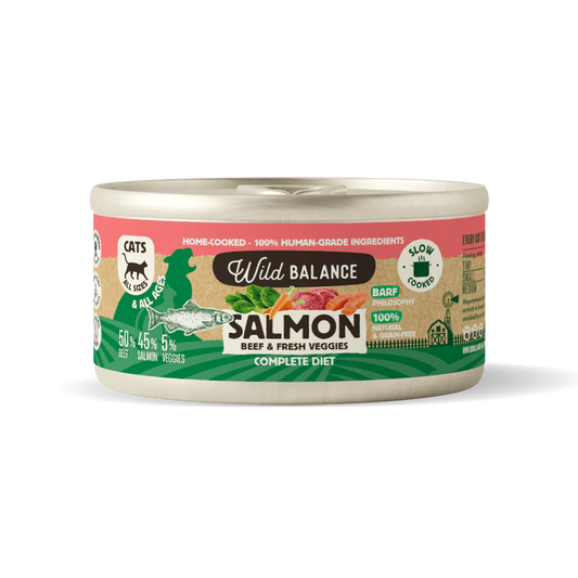 Lata de Salmón y Ternera para gatos 120g - Filosofía BARF